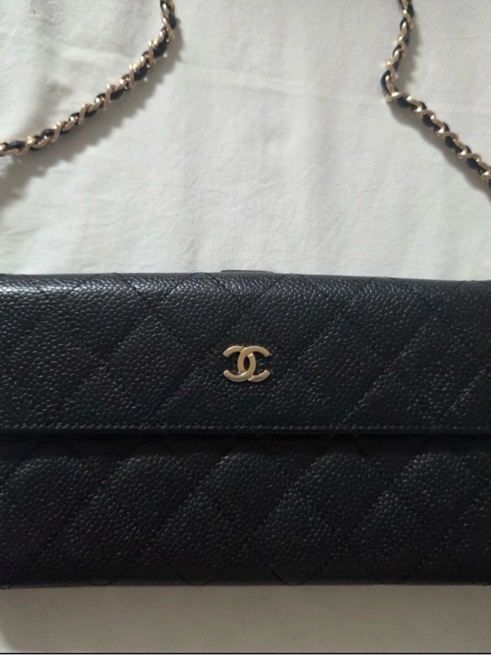 CHANEL Black Quilted Crossbody Wallet with Gold CC and Chain